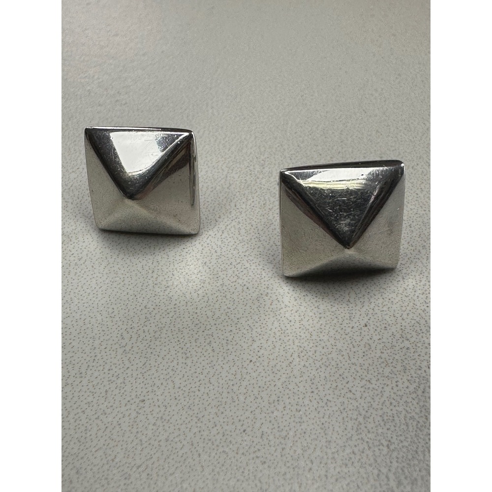 Vintage Silver Pyramid Stud Earrings Geometric Square 3D Post Minimalist Edgy